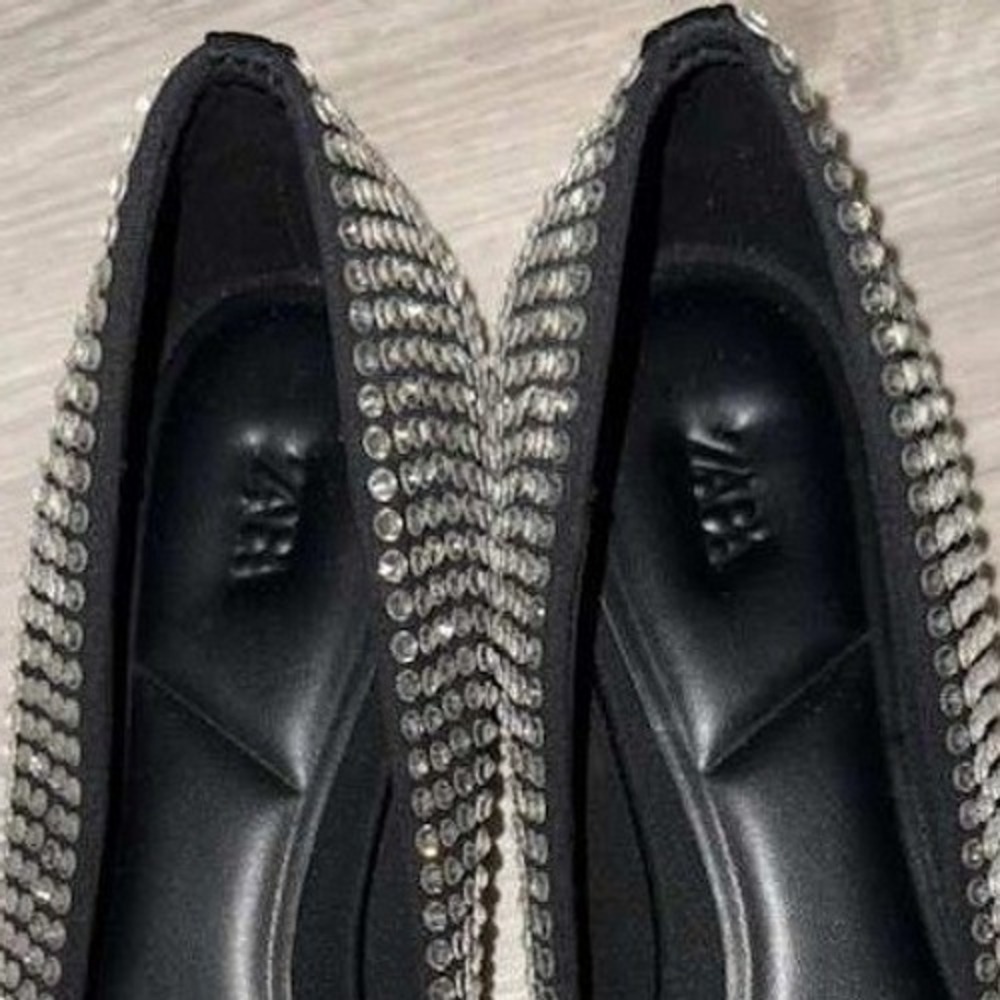 ZARA Studded Ballet Flats Womens US 7 Black Rhinestone Slip On Shoes - Picture 10 of 11